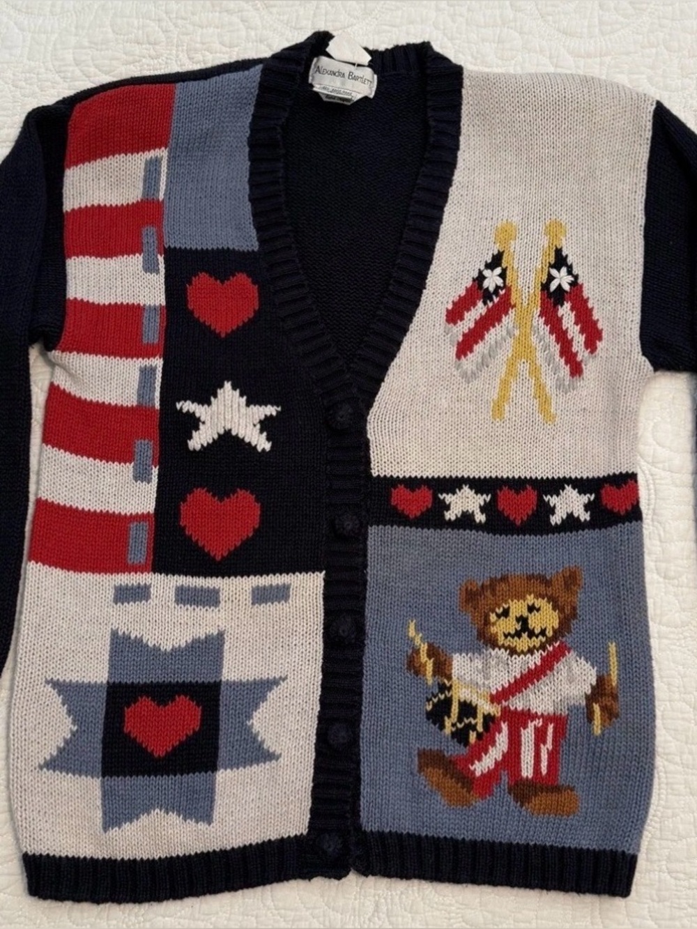 Alexandra Bartlett Navy, Red, White & Gray Patriotic Bear Patchwork Cardigan